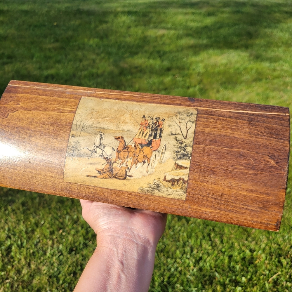 Vintage Handcrafted Wood Hinged Box ~ Chariot Decal ~ Antique? ~ Re-purpose